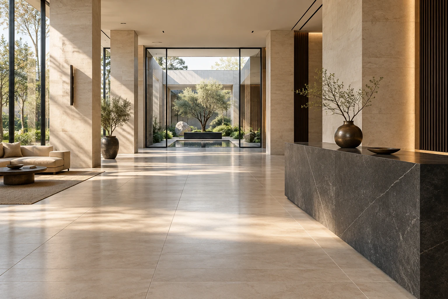 Architectural illustration of a contemporary lobby with pale stone flooring and a charcoal granite reception counter